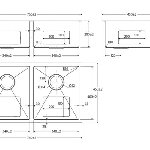 Fienza Hana Double Kitchen Sink - Stainless Steel, PVD Carbon Metal or PVD Rugged Brass Finish